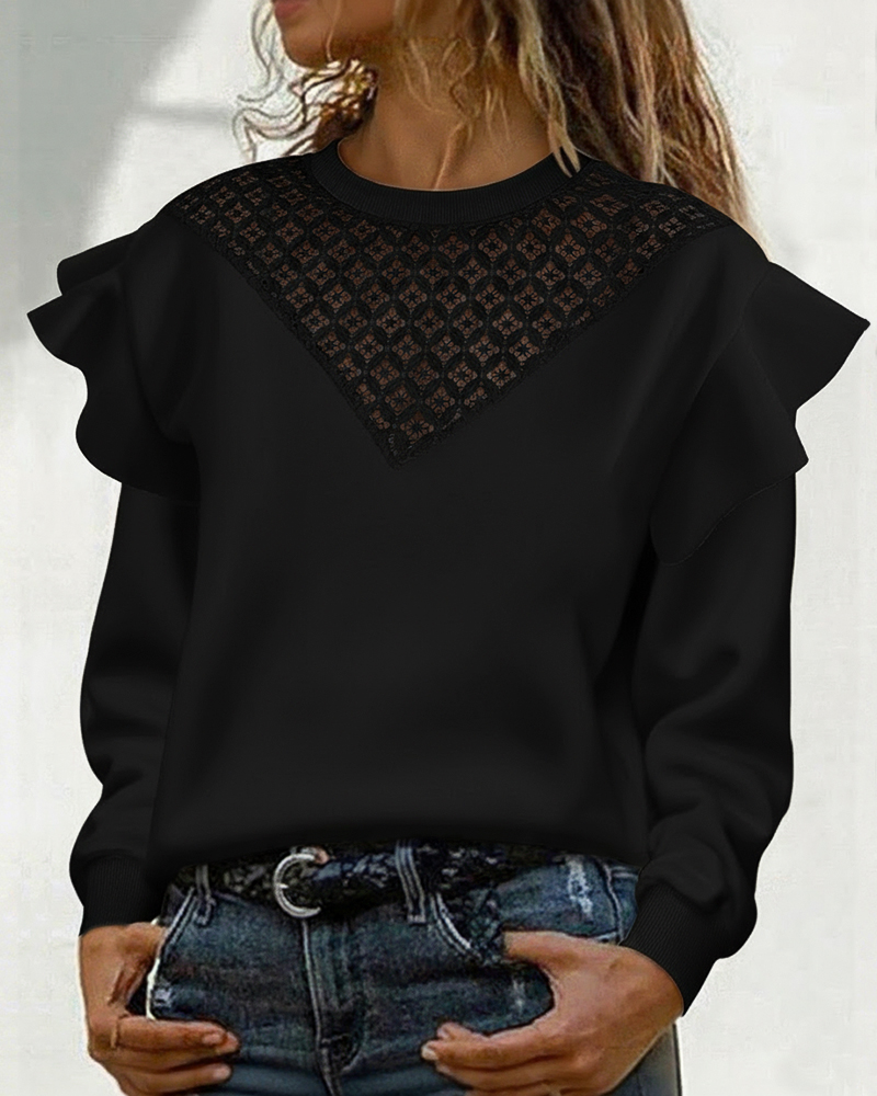 

Sudadera informal holgada de manga larga con volantes calados y encaje en contraste, Black
