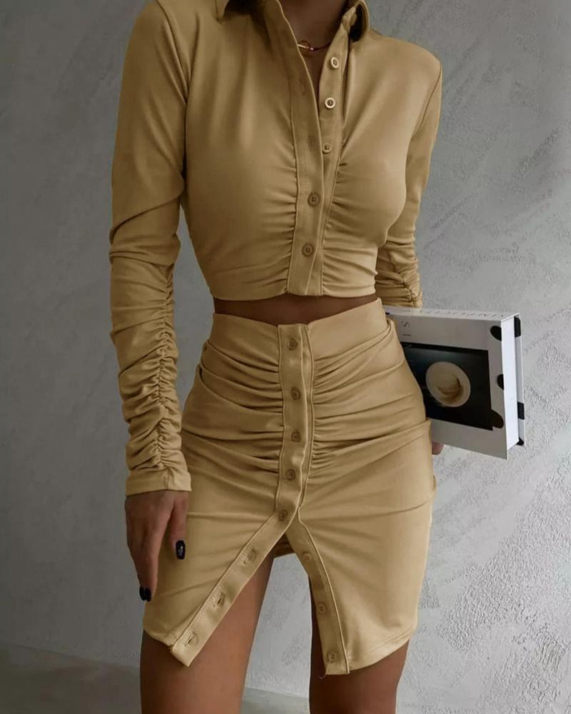 

Ruched Long Sleeve Buttoned Crop Top & Skirt Set, Yellow