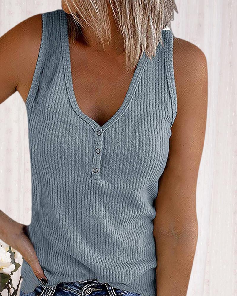 

Plain Button Design Sleeveless Tank, Gray