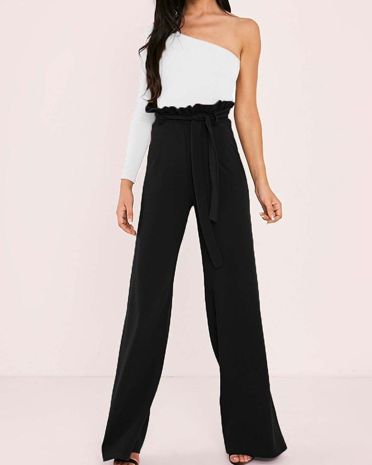 

Frills Belted High Waisted Wide Leg Pants, Black