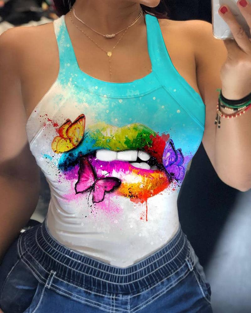 

Lip Butterfly / Poker Print Sleeveless Top, Lighted blue