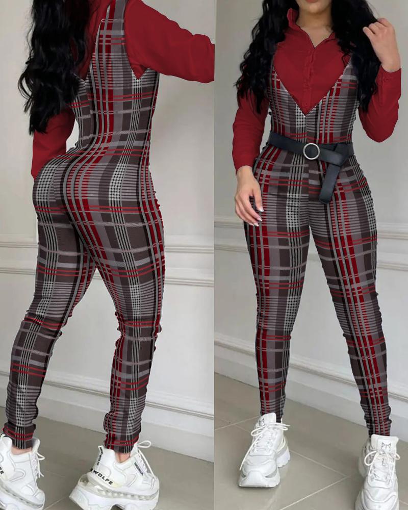 

Plaid Print Sleeveless Suspender Jumpsuit Without Belt, Red