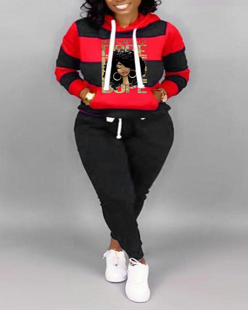 

Plus Size Figure Letter Print Long Sleeve Hoodie & Pants Set, Red