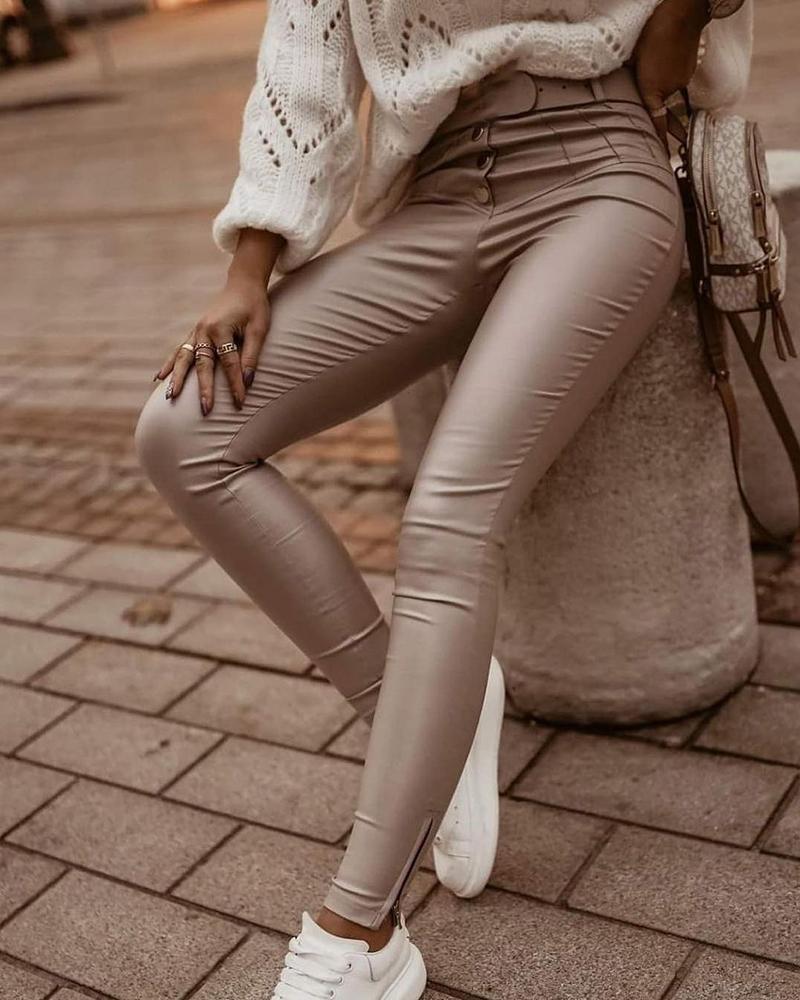 

Buttoned Zipper Design High Waist Pants, Apricot