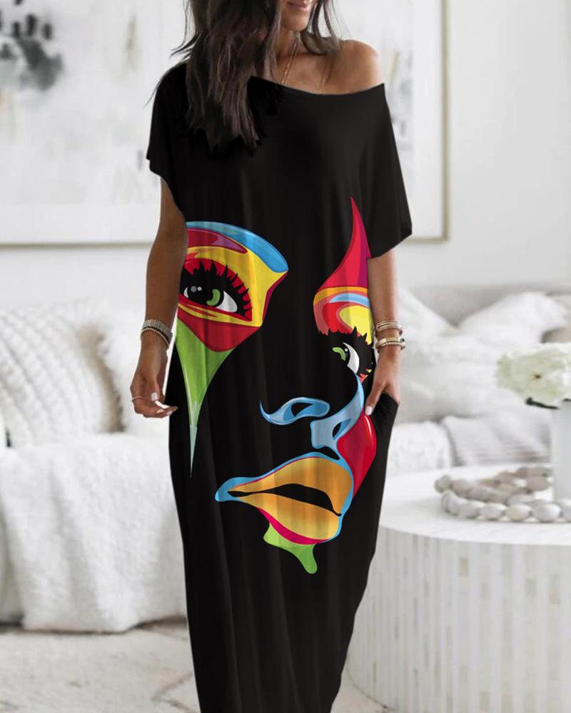 

Figure Print Pocket Design Cold Shoulder Casual Dress, Black