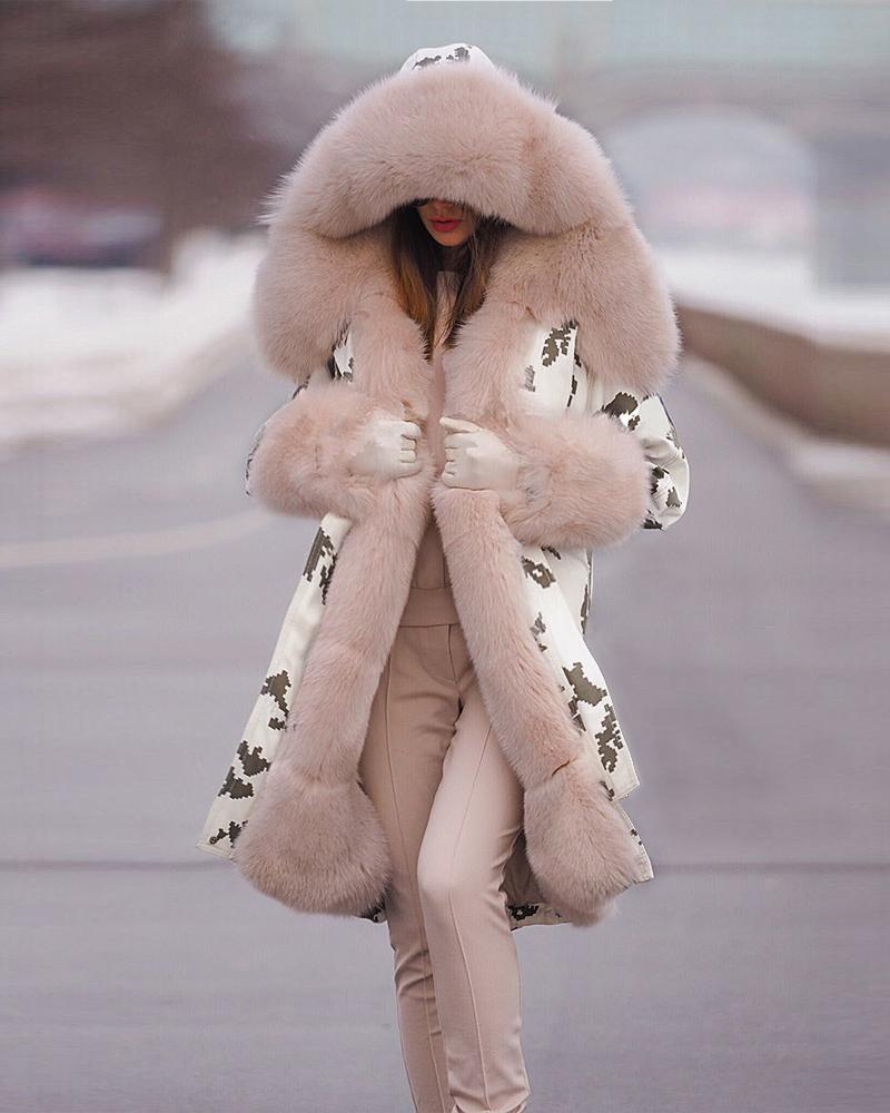 

Faux Fur Patch Drawstring Long Sleeve Hooded Parka Coat, Pink