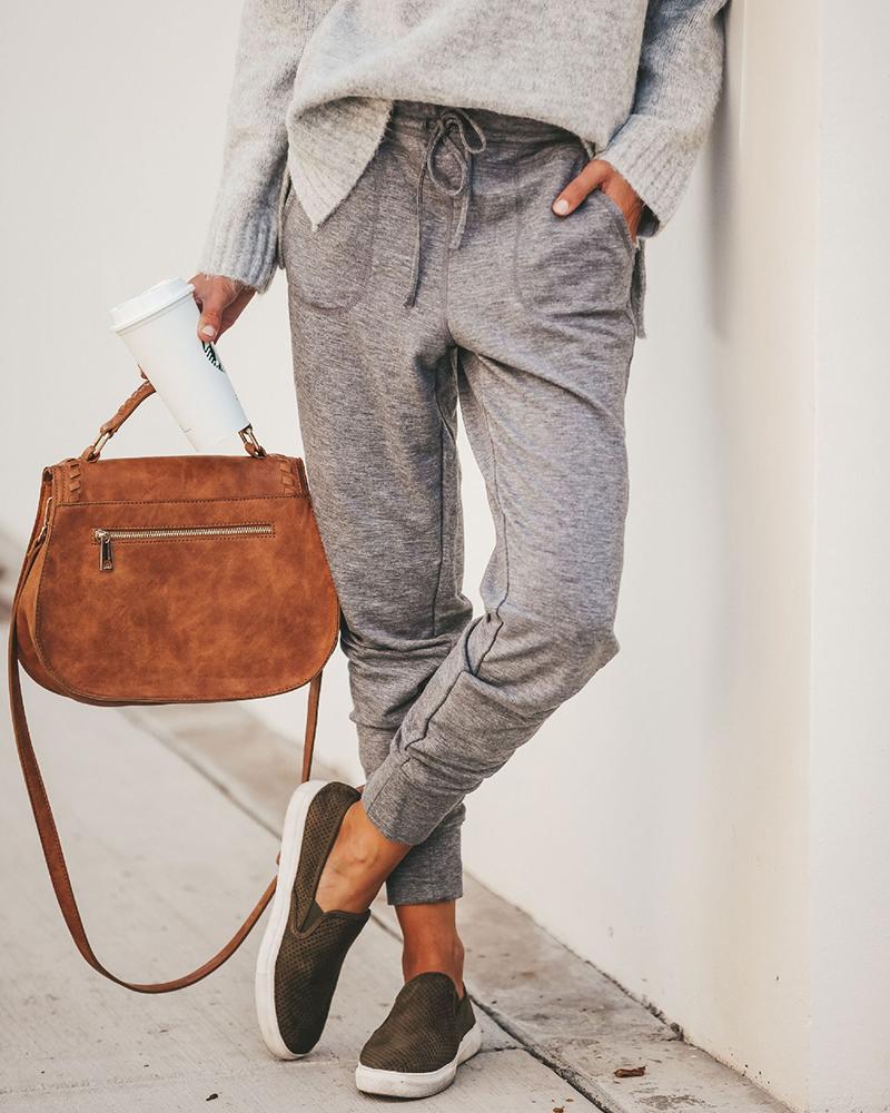 

Casual Solid Color Drawstring Pencil Pants, Light gray