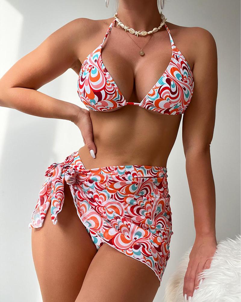 

3PCS All Over Print Halter Bikini Set With Cover Up, Orange