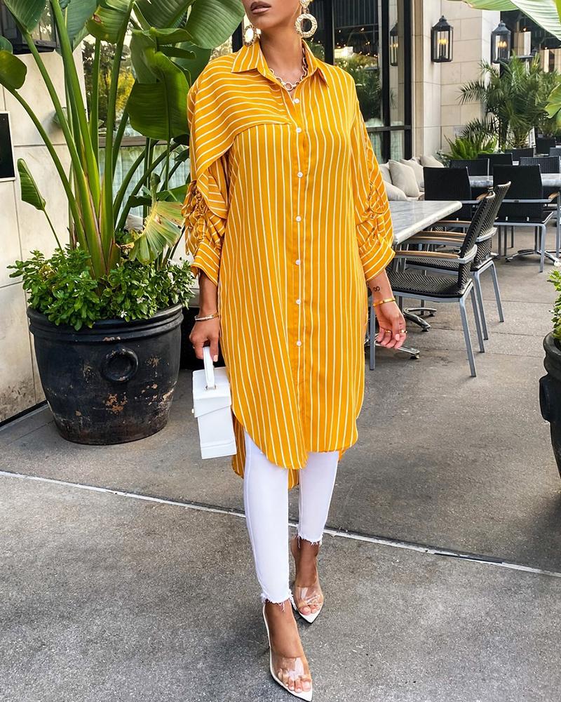 

Striped Cape Design Button Front Longline Shirt, Yellow