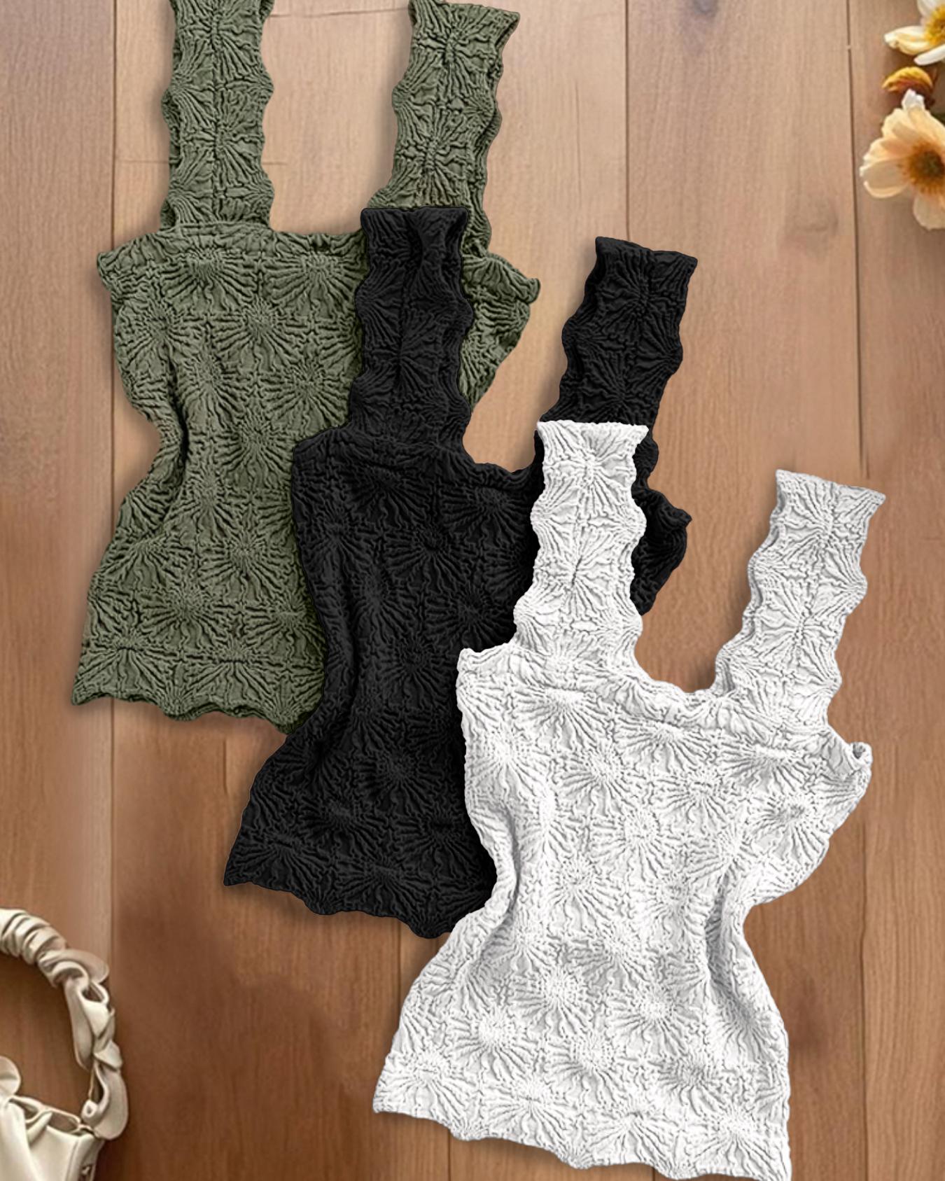 

Pacote com 3 regatas de alça larga, tops de cami com acabamento em alface e jacquard floral, Style2