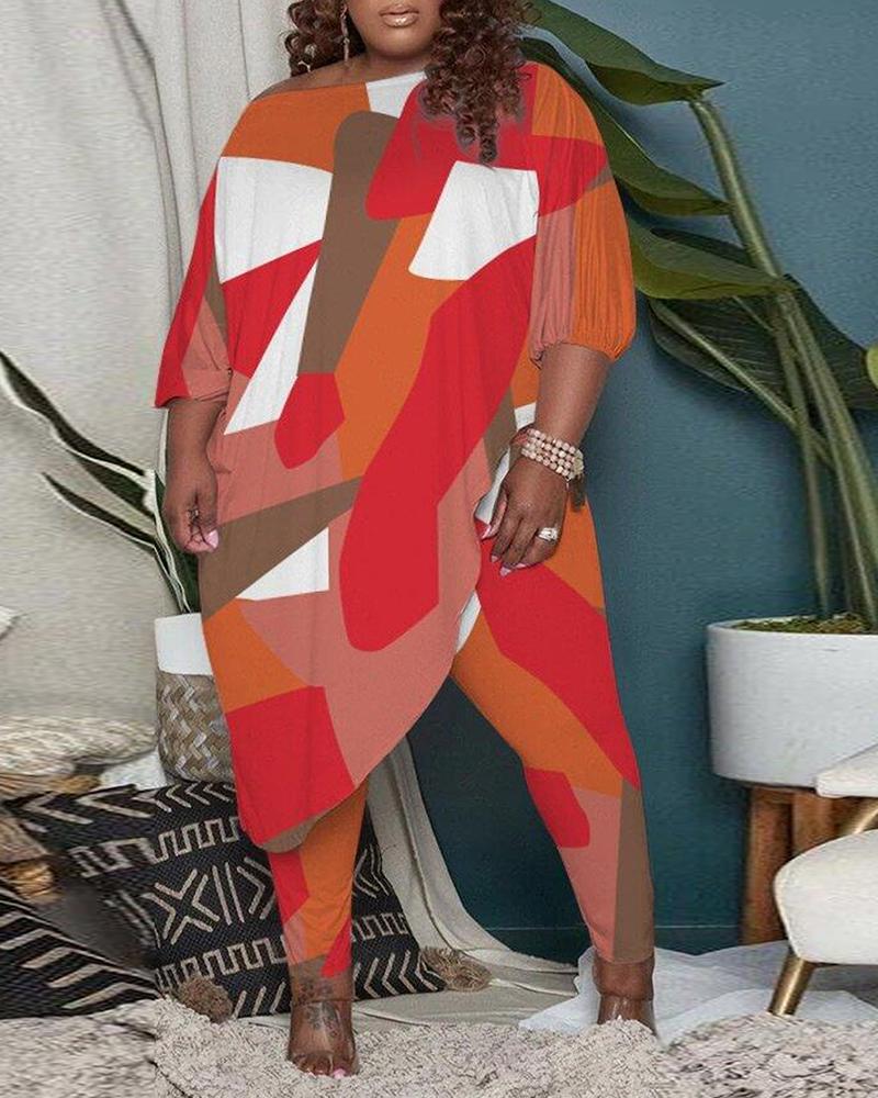 

Plus Size Geo Print Asymmetrical Hem Top & Pants Set, Orange
