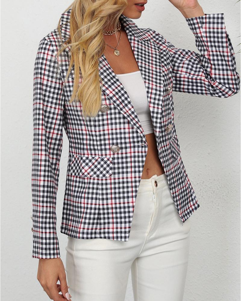 

Plaid Print Fake Pocket Button Design Long Sleeve Blazer Coat, White