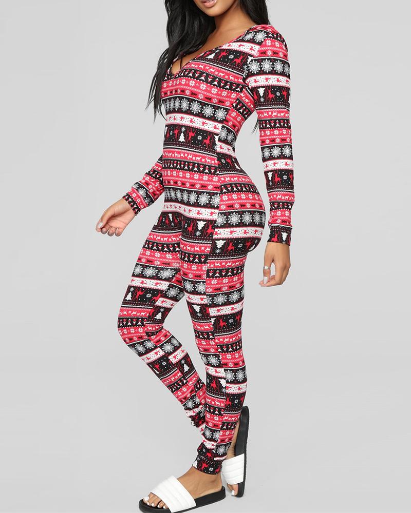

Christmas Plaid Print Long Sleeve Skinny Jumpsuit, Style3