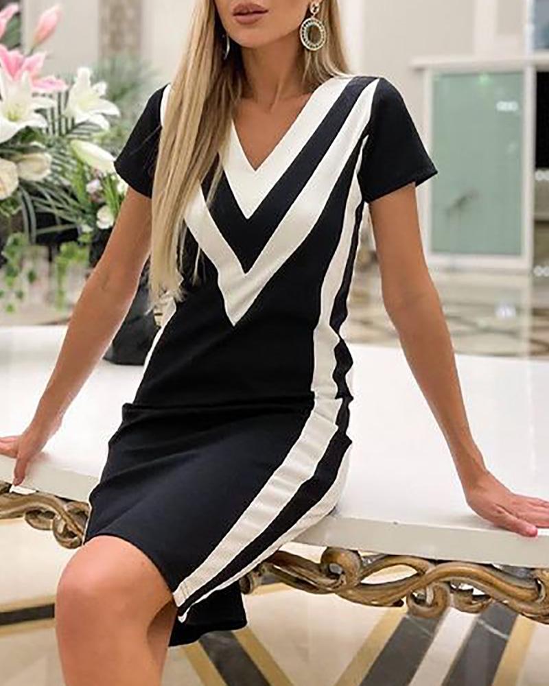 

Striped Print Short Sleeve Casual Dress, Black