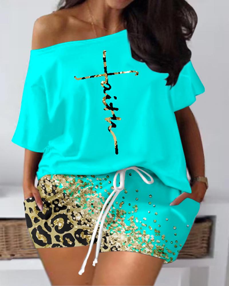 

Plus Size Faith Contrast Leopard Print Top & Shorts Set, Turquoise blue