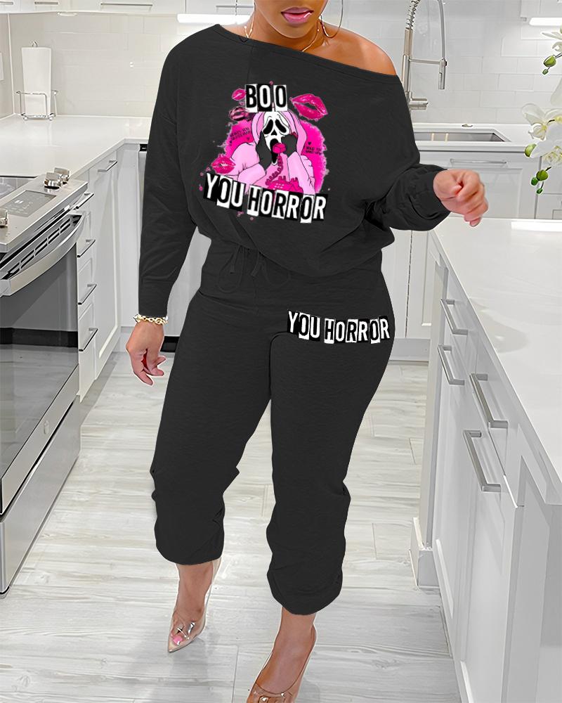 

Halloween Boo You Horror Lip Graphic Print Top & Drawstring Cuffed Pants Set, Black