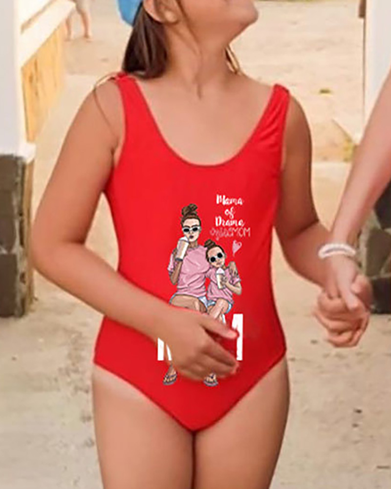 

Mommy & Me Graphic Letter Print One Piece Swimsuit For Kids, Red