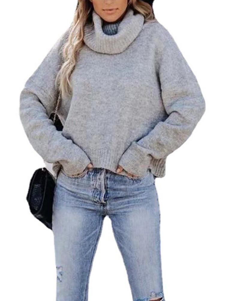 

High Neck Long Sleeve Backless Knit Sweater, Gray