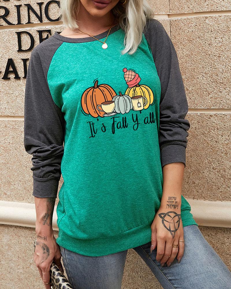 

Halloween Graphic Letter Print Colorblock O Neck Top, Green