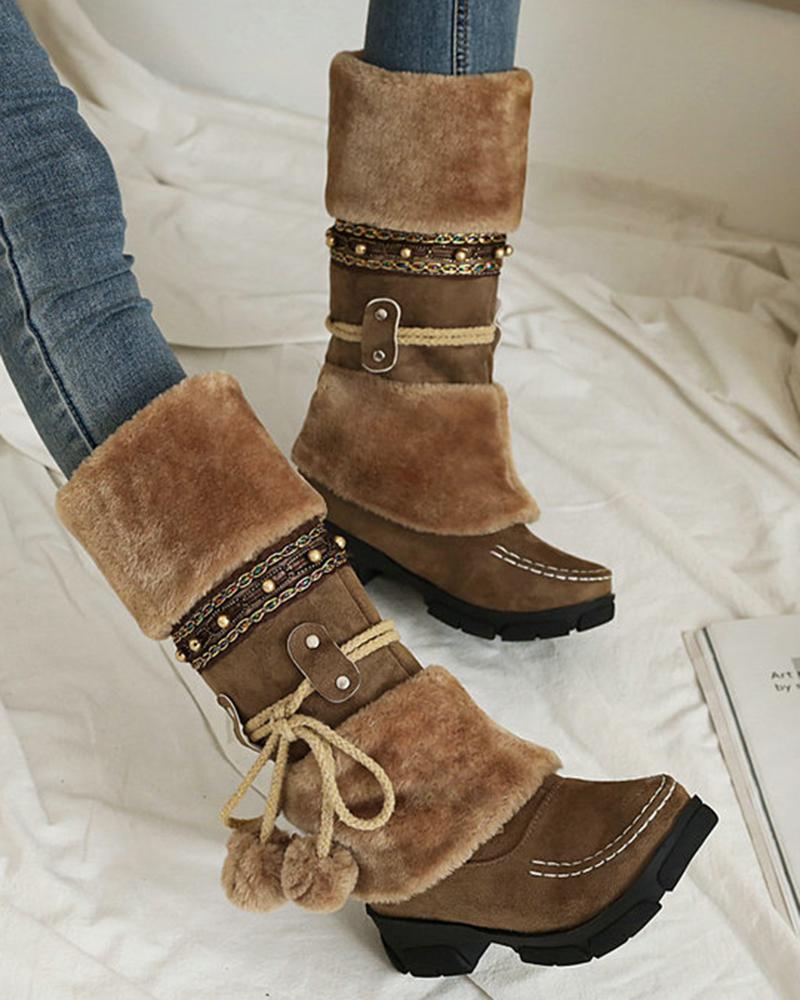 

Tribal Pom Pom Fuzzy Detail Lined Calf Snow Boots, Brown