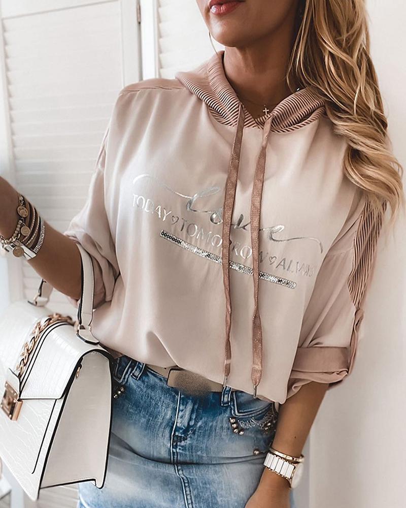 

Letter Print Long Sleeve Casual Hoodie, Light pink