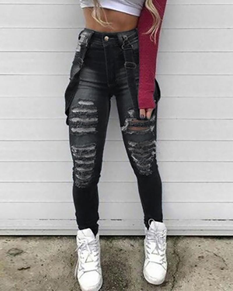 

Cutout Ripped Denim Suspender Pants, Black