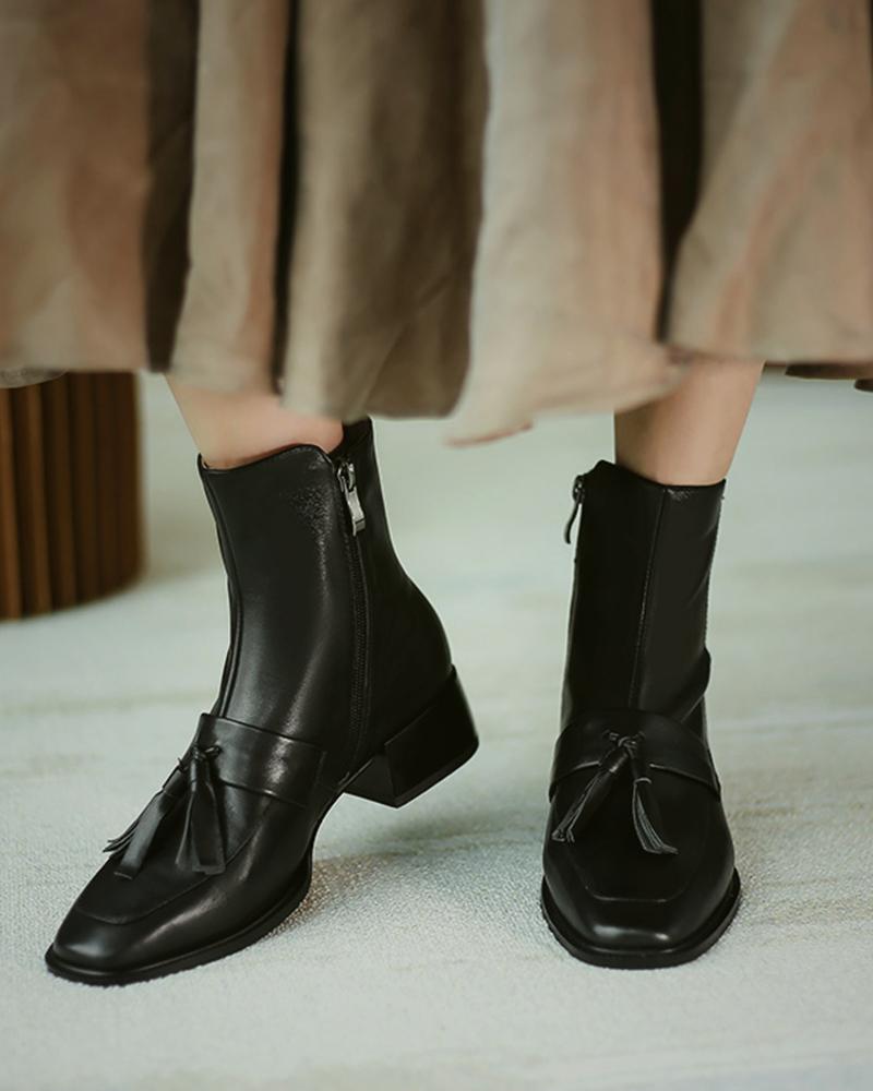 

Square Toe Tassel Design Chunky Boots, Black