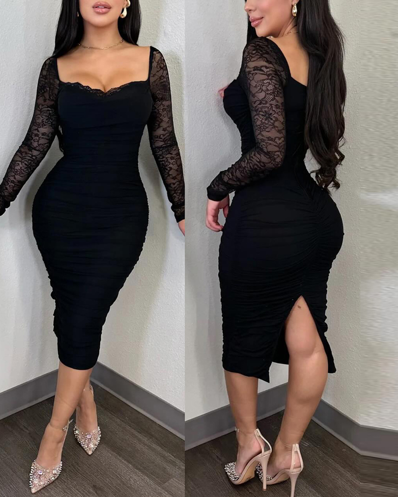 

Long Sleeve Low Cut Slit Bodycon Lace Dress, Black