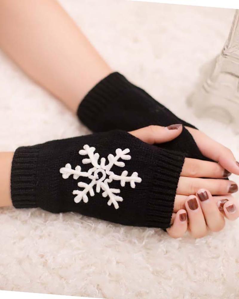 

1Pair Christmas Snowflake Embroidery Fingerless Gloves, Black