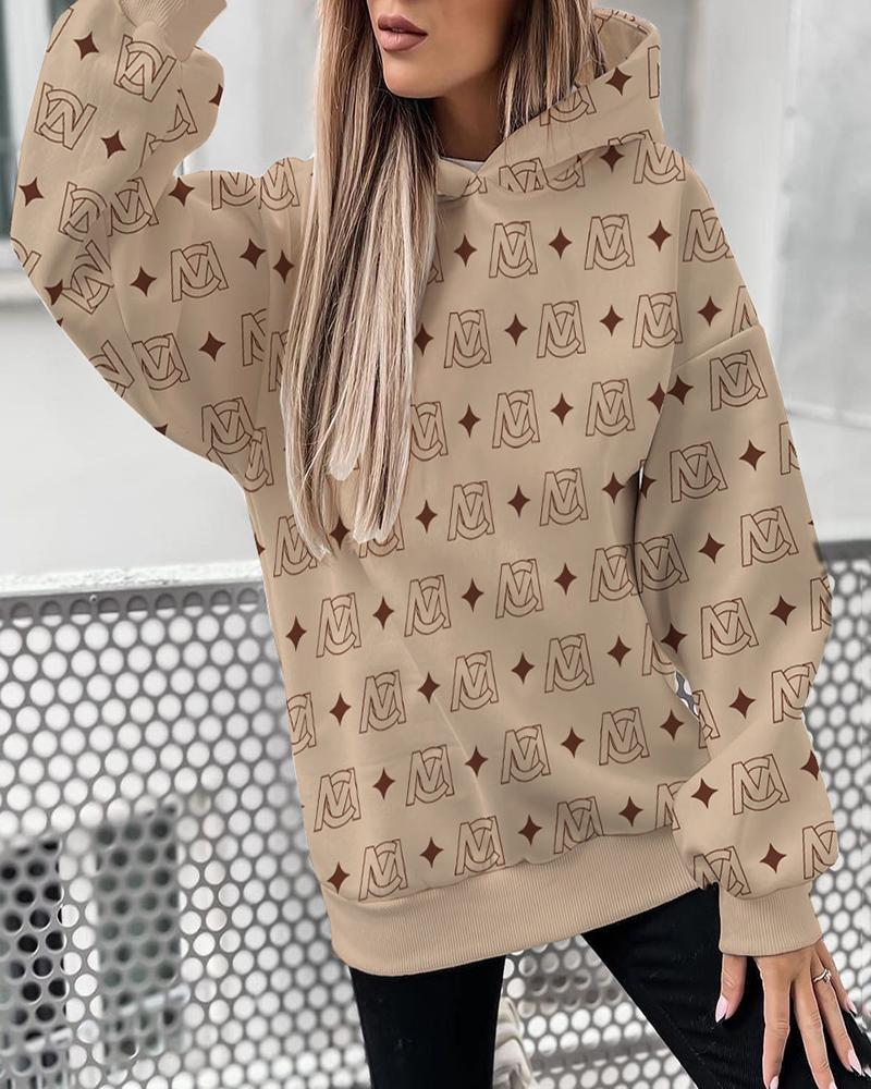 

ChicMe Star Pattern Letter Print Long Sleeve Hooded Top, Khaki