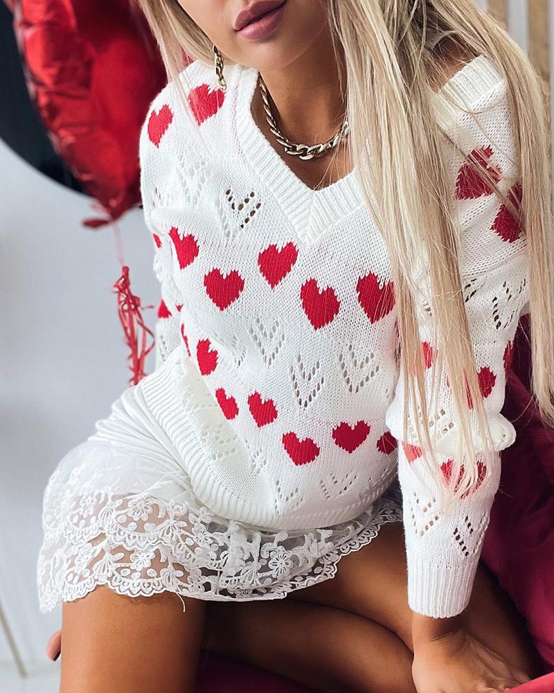 

Long Sleeve Heart Pattern Hollow-out Sweater, White