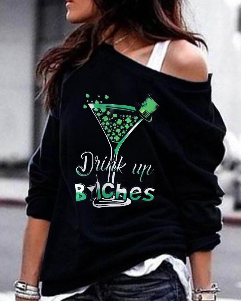 St.Patrick's Day Clover Letter Print Colorblock Long Sleeve Casual Top