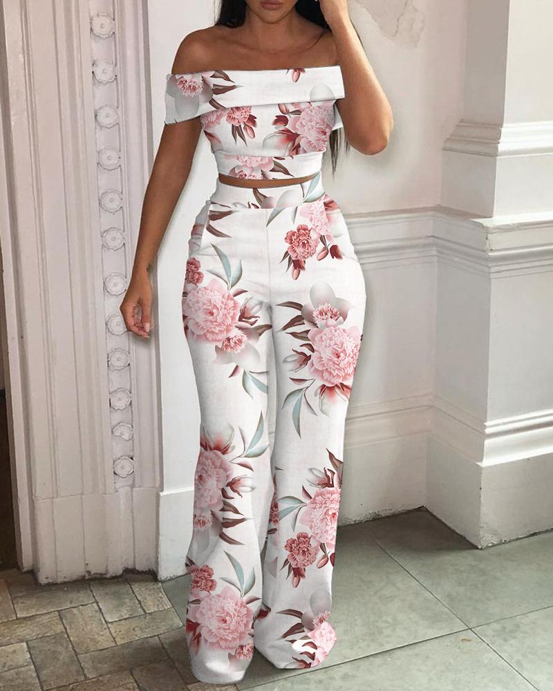 

Floral Print Off Shoulder Crop Top & Pants Set, White