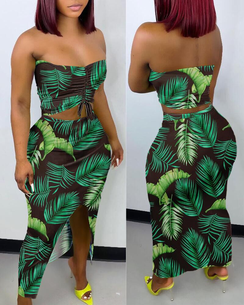 

Tropical Print Drawstring Crop Tube Top & Skirt Set, Green