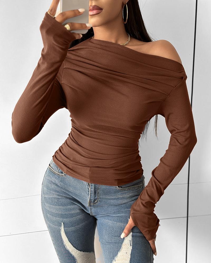 

Skew Neck Ruched Long Sleeve Top, Brown