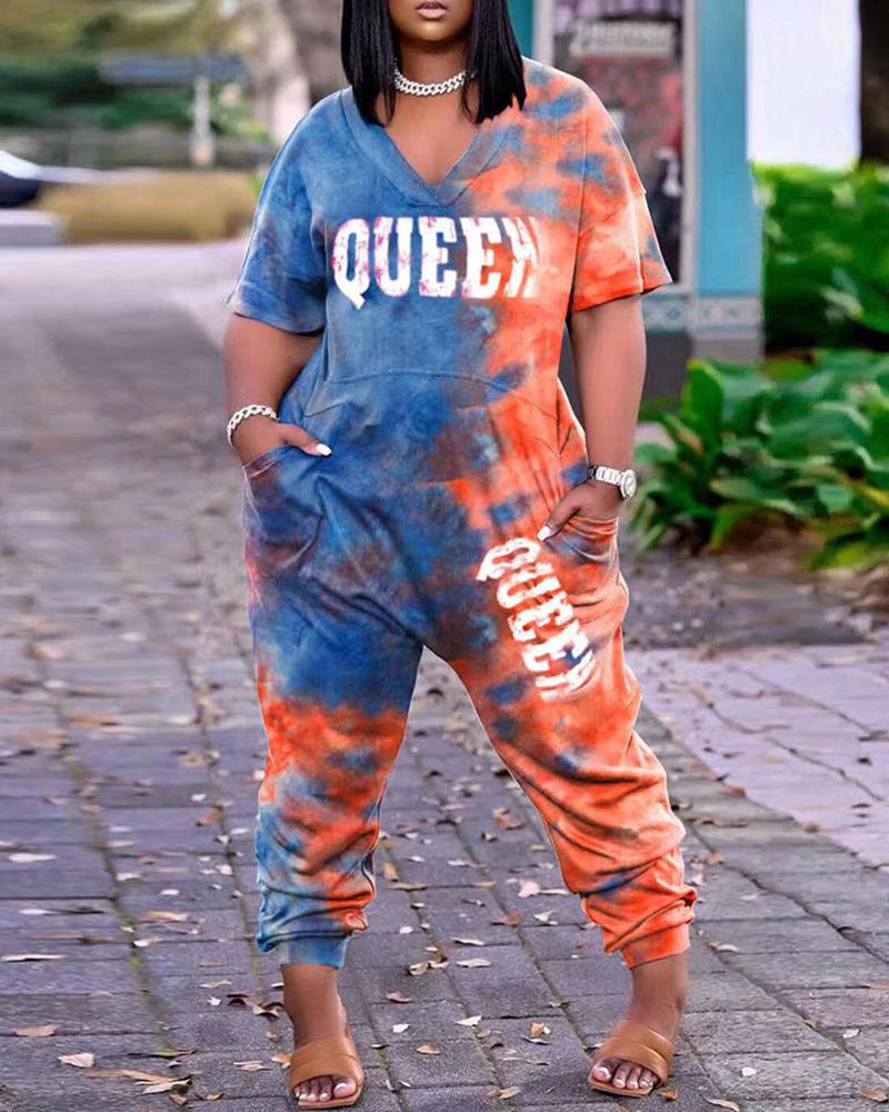 

Tie Dye Letter Print Pocket Design Jumpsuit, Dark blue