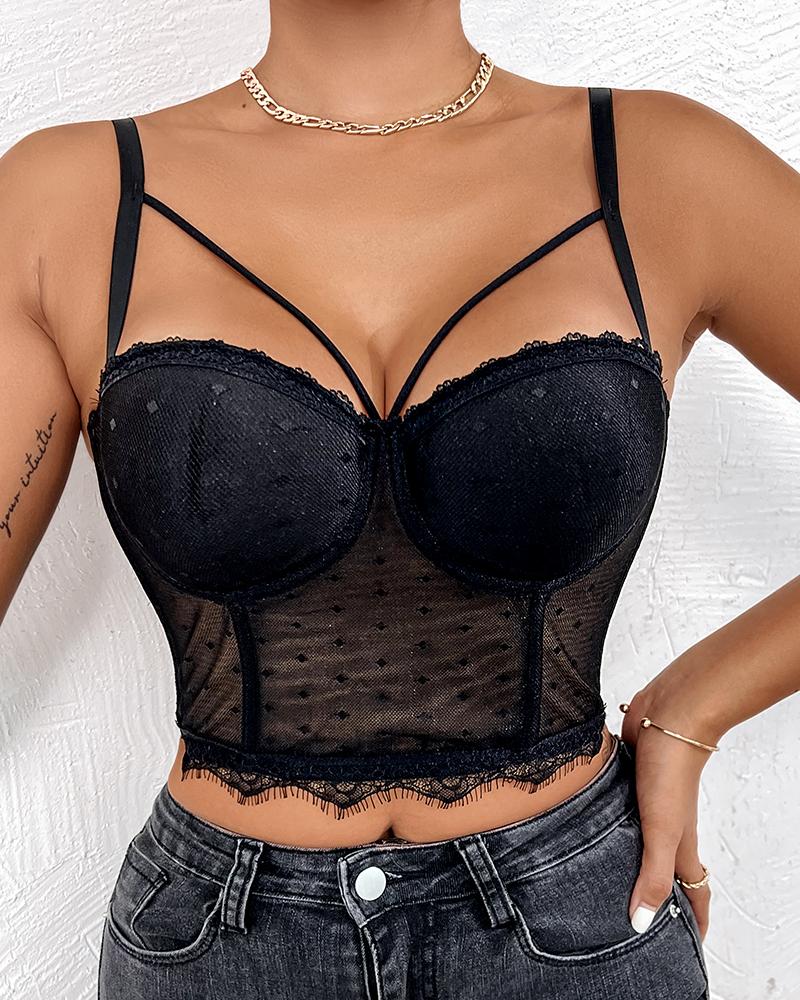 

Swiss Dot Push Up Lace Trim Corset Top, Black
