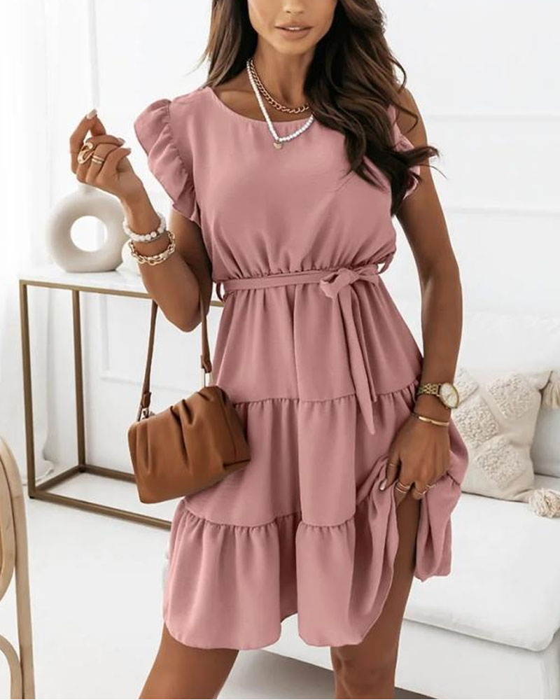 

Ruffle Hem Belted Casual Dress, Pink