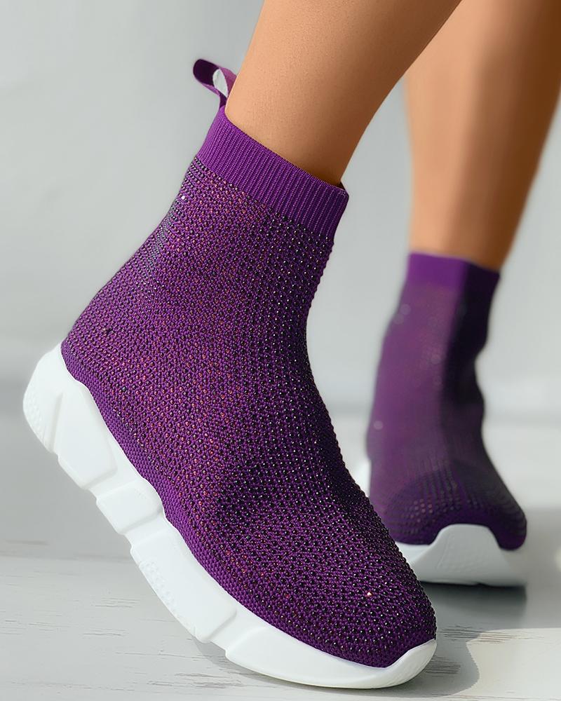 

Contrast Paneled Breathable Knit Casual Sneakers, Purple