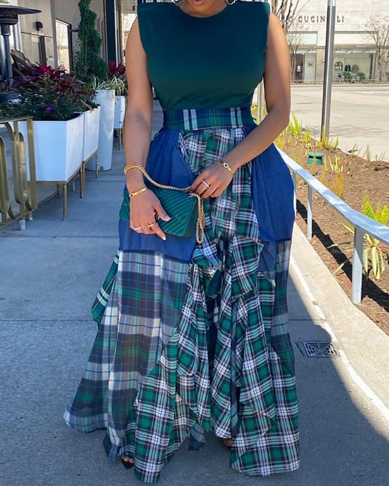 

Plaid Colorblock Pleated Maxi Skirt, Green