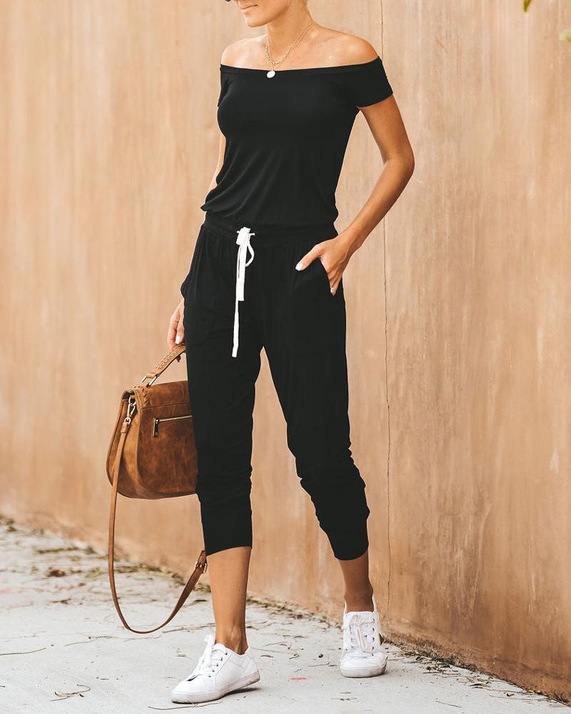 

Off Shoulder Drawstring Casual Jumpsuit, Black