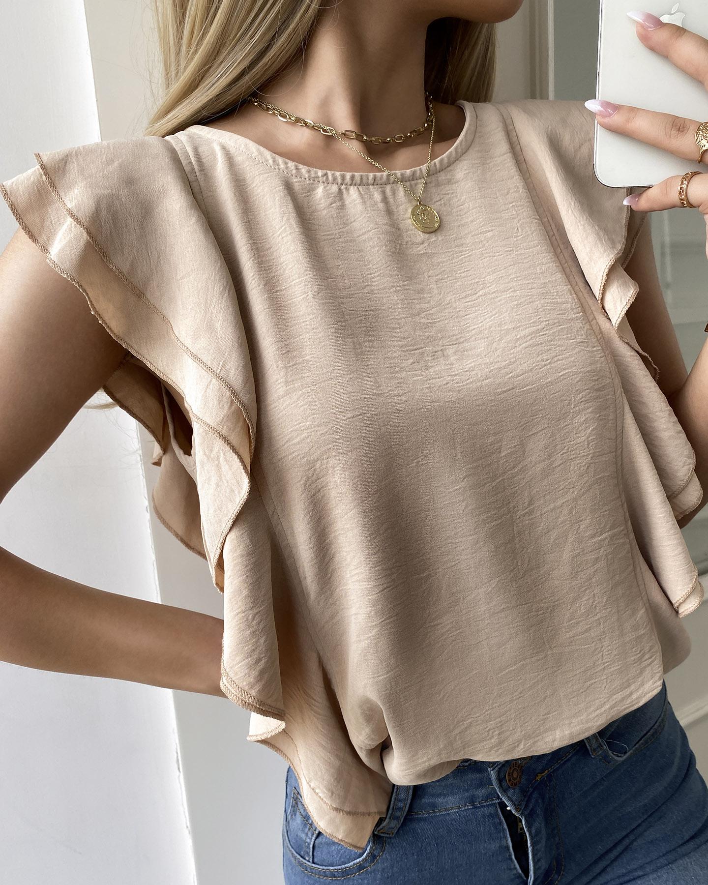 

Ruffle Sleeve Button Back O-neck Top, Apricot