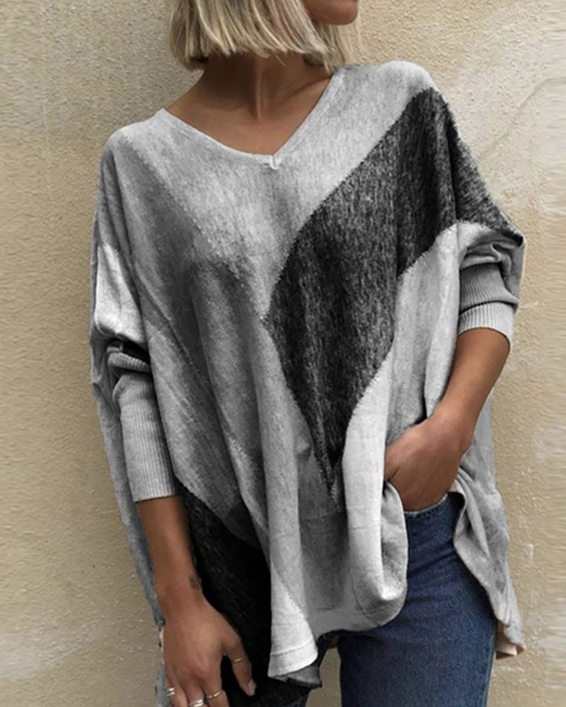 

Colorblock Long Sleeve Casual Women Top, Gray