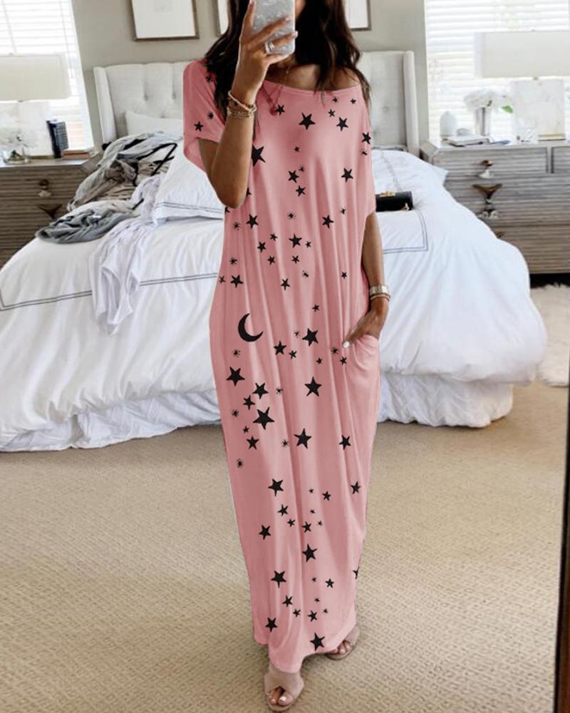 

Short Sleeve Stars Print Casual Dress, Pink