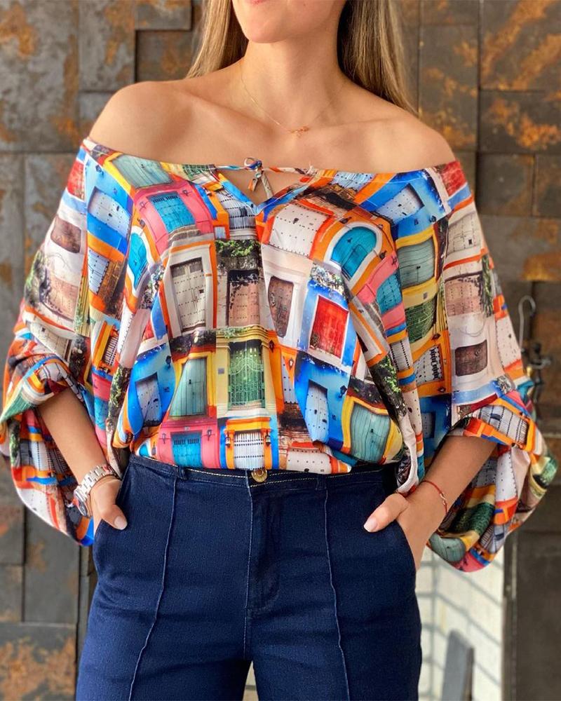 

All Over Print Lantern Sleeve Top, Multicolor