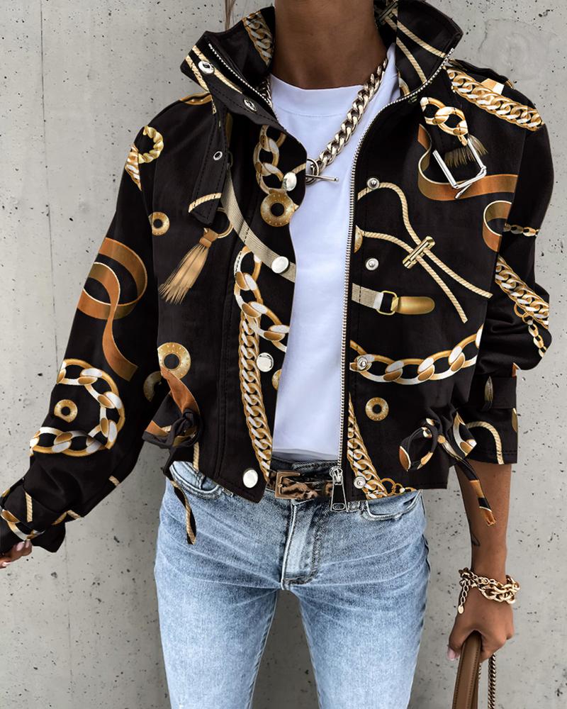 

Chain Scarf Print Tied Detail Jacket, Black