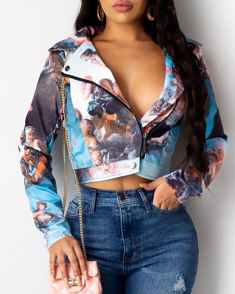 

Figure Print Zipper Design Crop Jacket, Multicolor