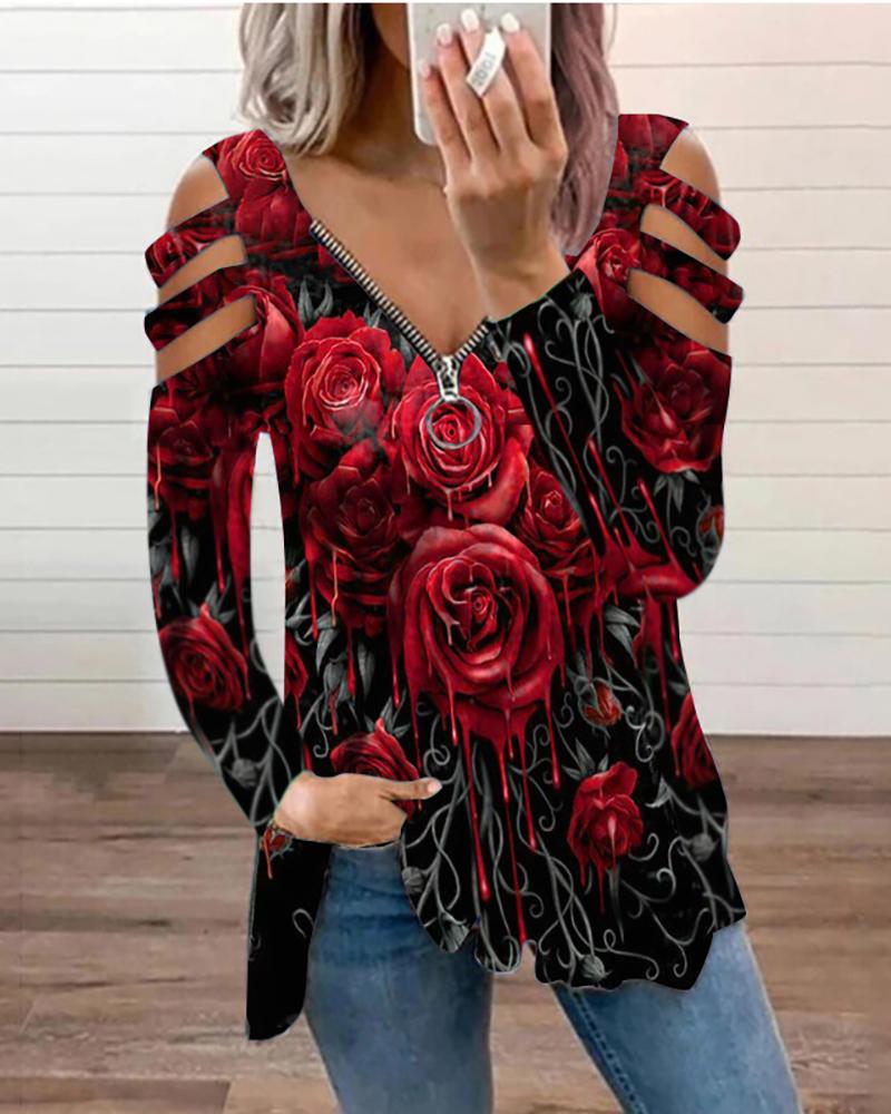 

Floral Print Cutout Zipper Design Top, Red