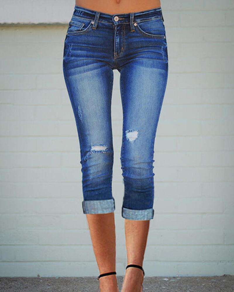 

Low Waist Pocket Design Ripped Capris Jeans, Dark blue