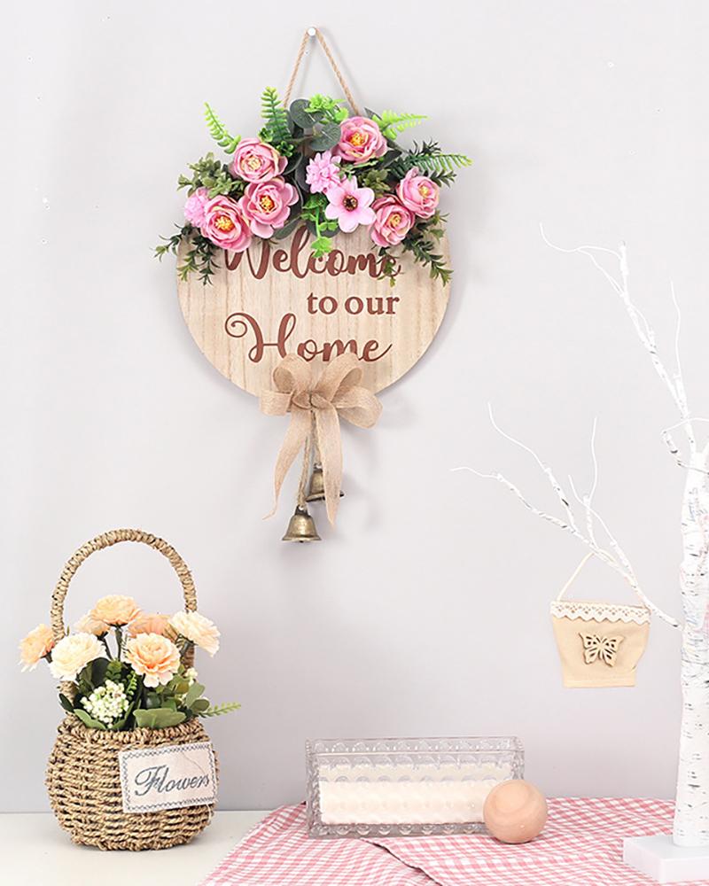 

1pcs Floral Pattern Bowknot Decor Hanging Welcome Sign Front Door Decoration With Bells, Pink